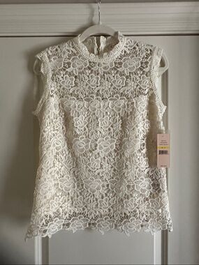 Nanette Lepore Cream Floral Lace Sleeveless Mock Neck Top